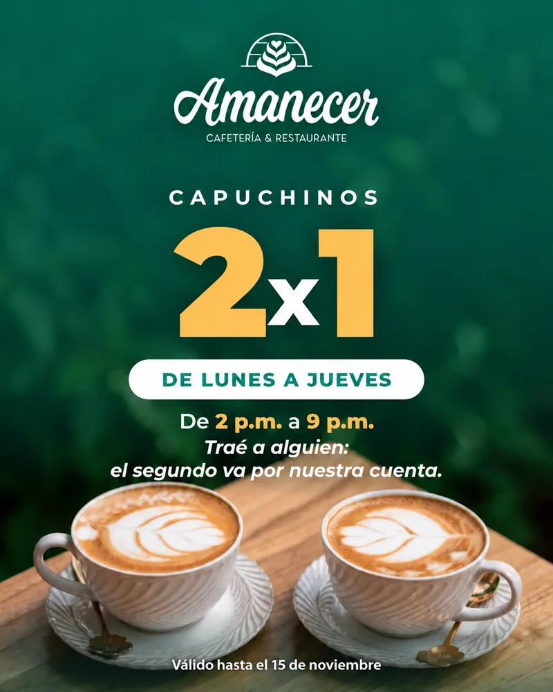 Capuchinos 2x1. Lunes a jueves, de 2 p.m. a 9 p.m. Válido hasta el 15 de noviembre de 2026.